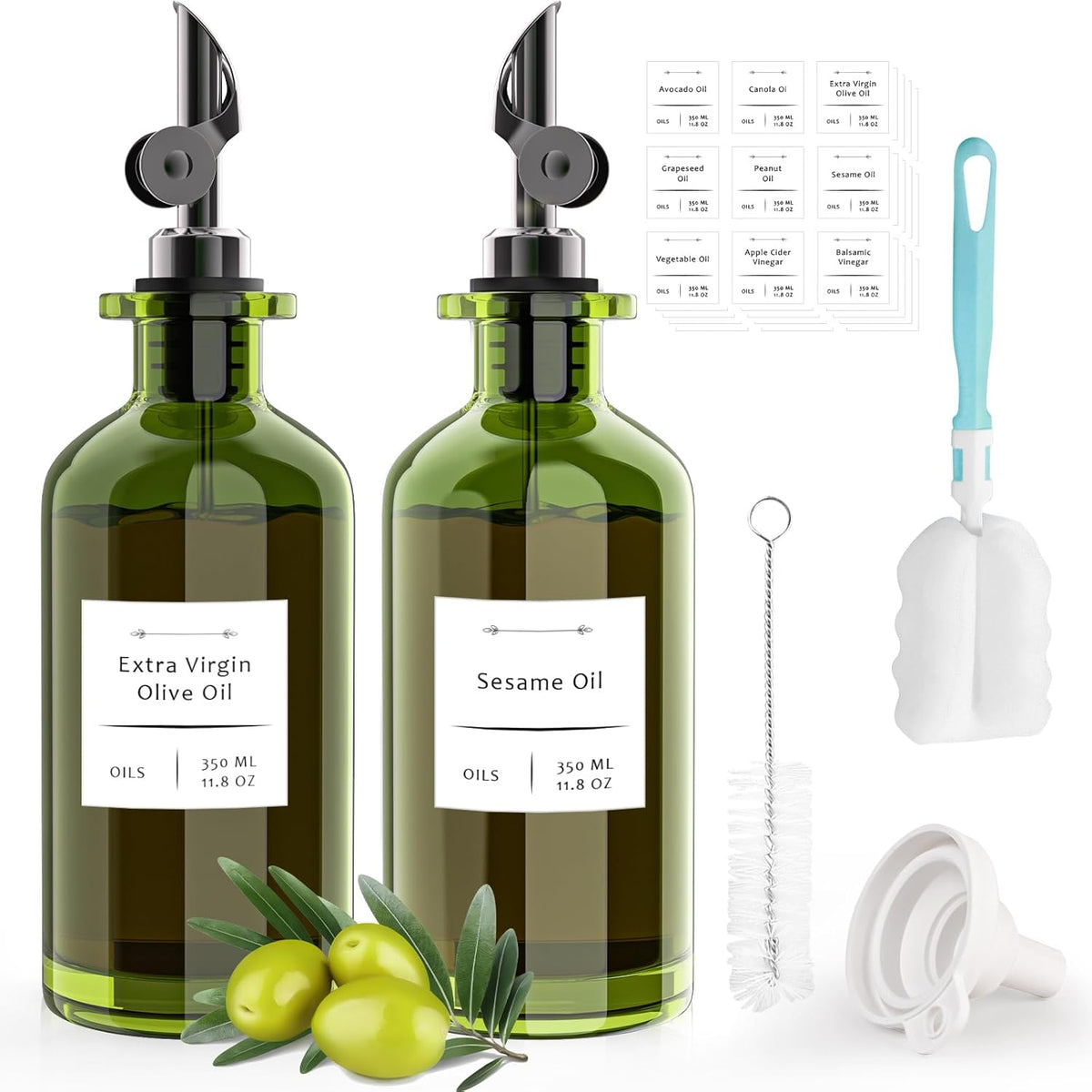 COOLMI Oil Dispenser for Kitchen - 12oz/350ml, Set of 2 Extra Thick Food Grade Glass Olive Oil Dispenser Bottle with Cleaning Brush, Stickers and Funnel (Black)