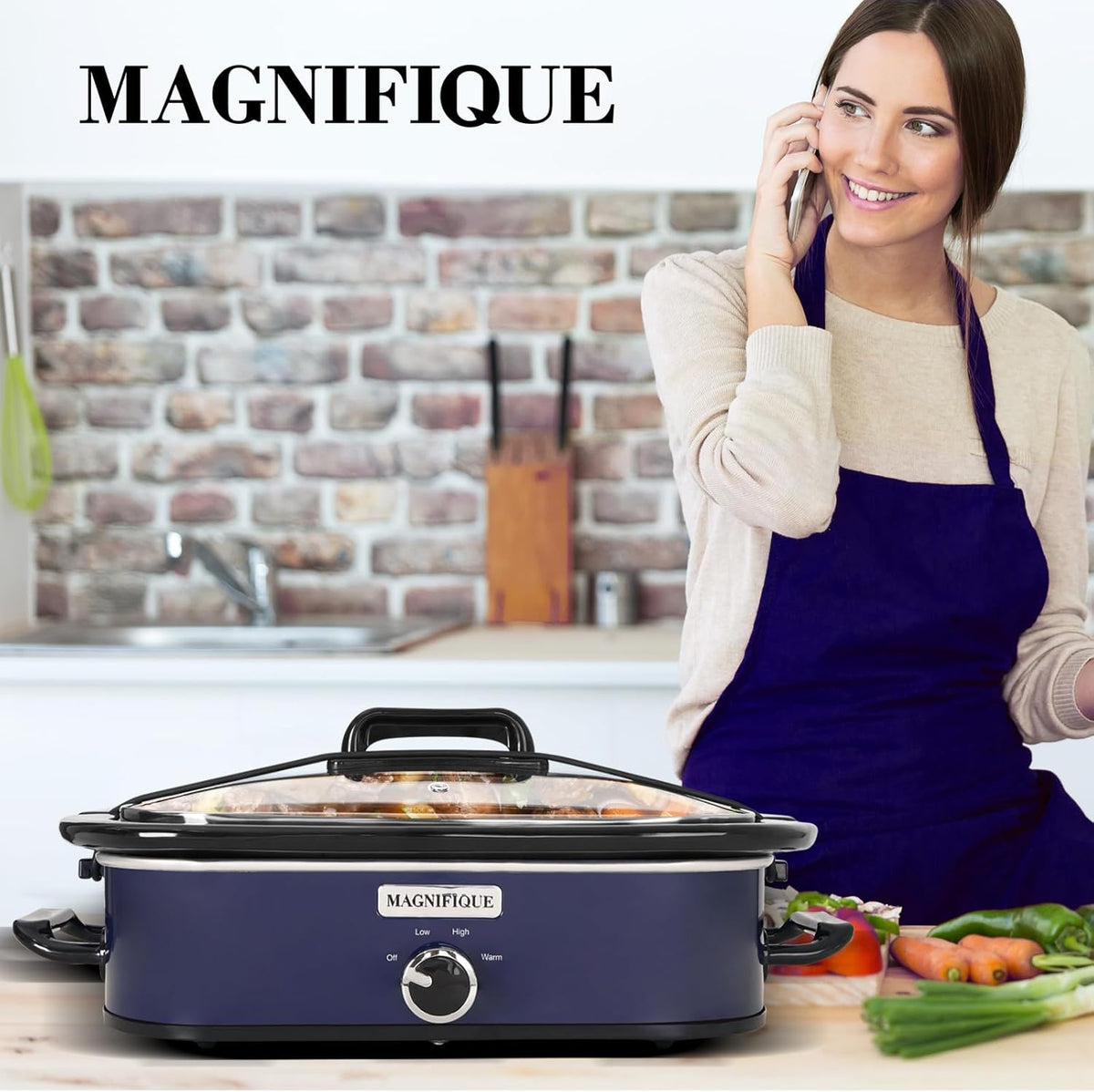 Magnifique 4-Quart Slow Cooker with Casserole Manual Warm Setting - Perfect Kitchen Small Appliance for Family Dinners, Dishwasher Safe Crock, Blue