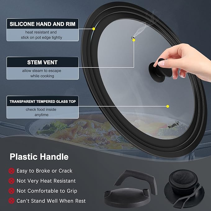 Walfos 2 Pcs Universal Pot Lids, Frying Pan Lid with Heat Resistant Silicone Rim, Fits All 10", 11", 12" to 13", 14", 15" Diameter Cookware, Pots, Pans and Skillets, BPA Free and Dishwasher Safe
