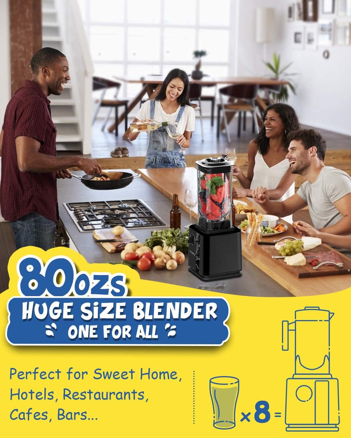 CRANDDI Commercial Blenders 1800W, 80oz Professional High-Speed Countertop Blenders for Smoothies, Self-Cleaning, Come with Tamper and 20oz to-go cup, K95 (Black)