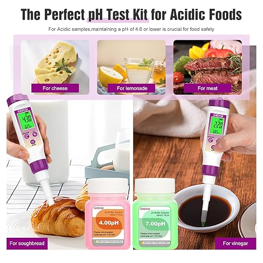 pH Meter Food Digital Electronic pH Tester for Fermentation 3*50ml pH Buffer Calibration Solution Kits Hot Sauce Food Tester Probe for Cheese Sourdough pH Temperature pH Test Strips for Acidity