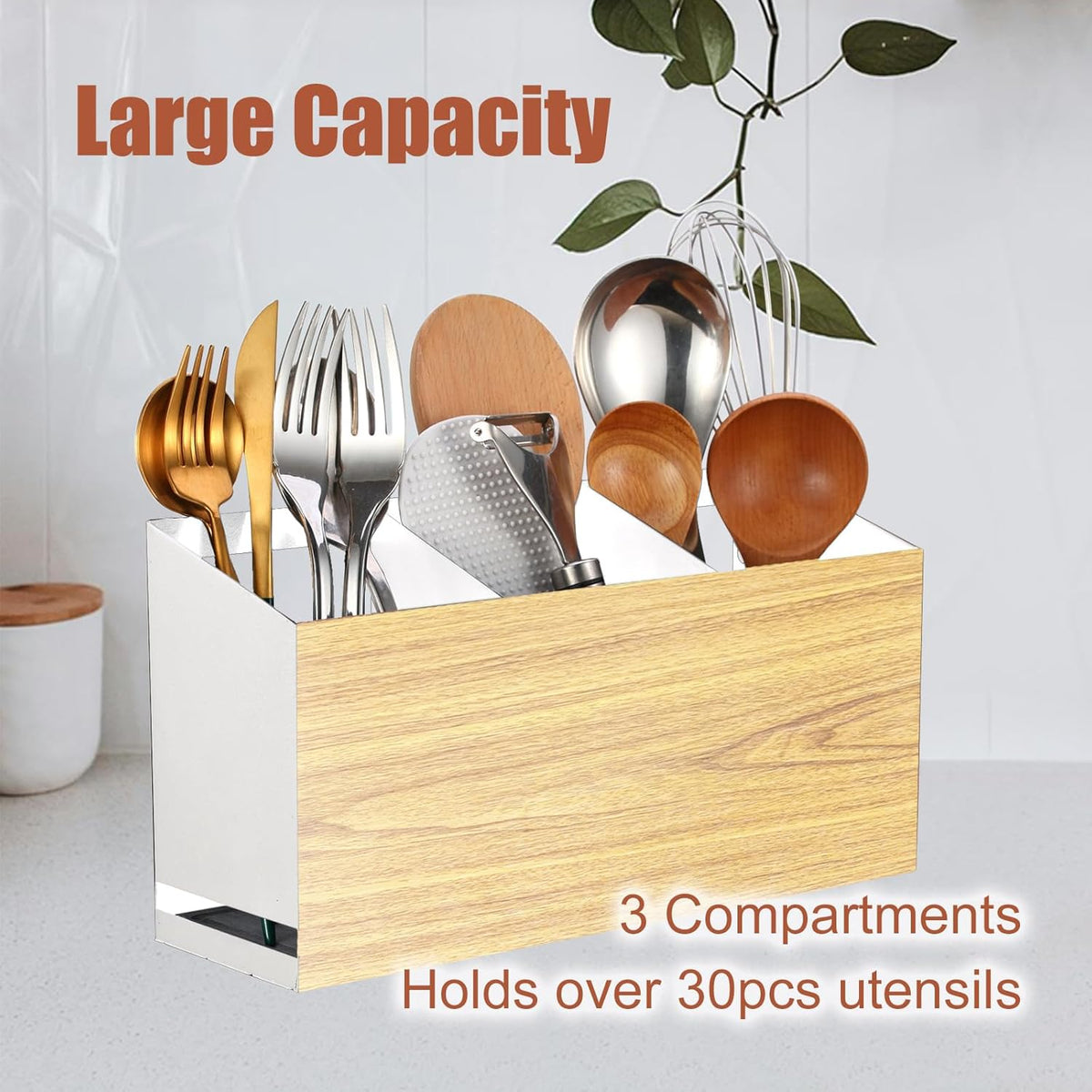 Utensil Holder Large Iron Flatware Container with 3 Compartments Countertop Wall-mounted Kitchen Utensil Storage (White)