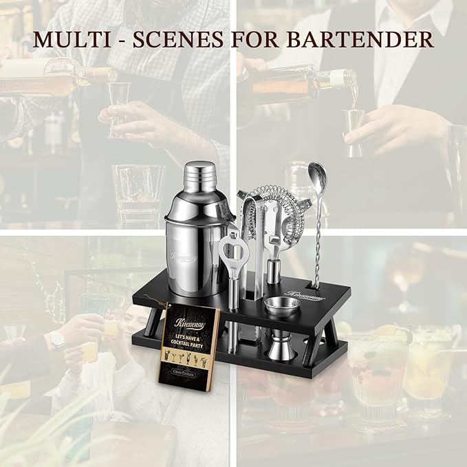 KITESSENSU Cocktail Shaker Set Bartender Kit, 6-Piece Silver Bar Set with Stand, Bar kit with Essential Bar Accessory Tools: Martini Shaker, Jigger, Strainer, Bar Spoon, Tongs, Opener
