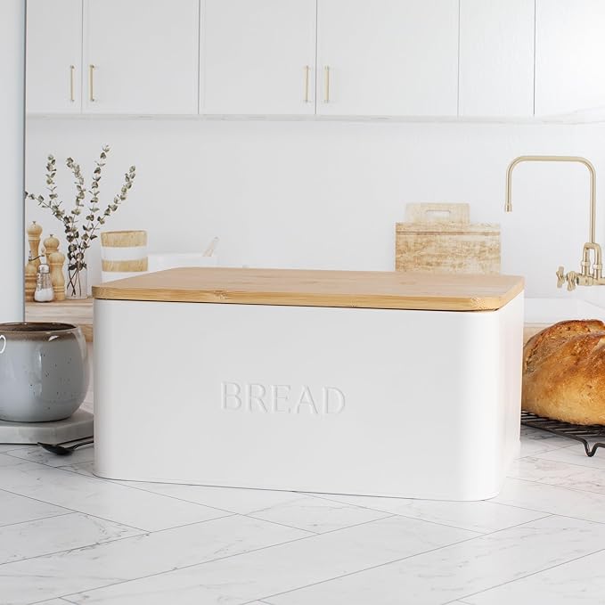 ZICOTO Beautiful Bread Box With Wooden Lid For Your Kitchen Countertop - Spacious Container Perfectly Stores Your Homemade Bread, English Muffins & Bagels - Quality Cutting Board Lid Keeps Loaf Fresh