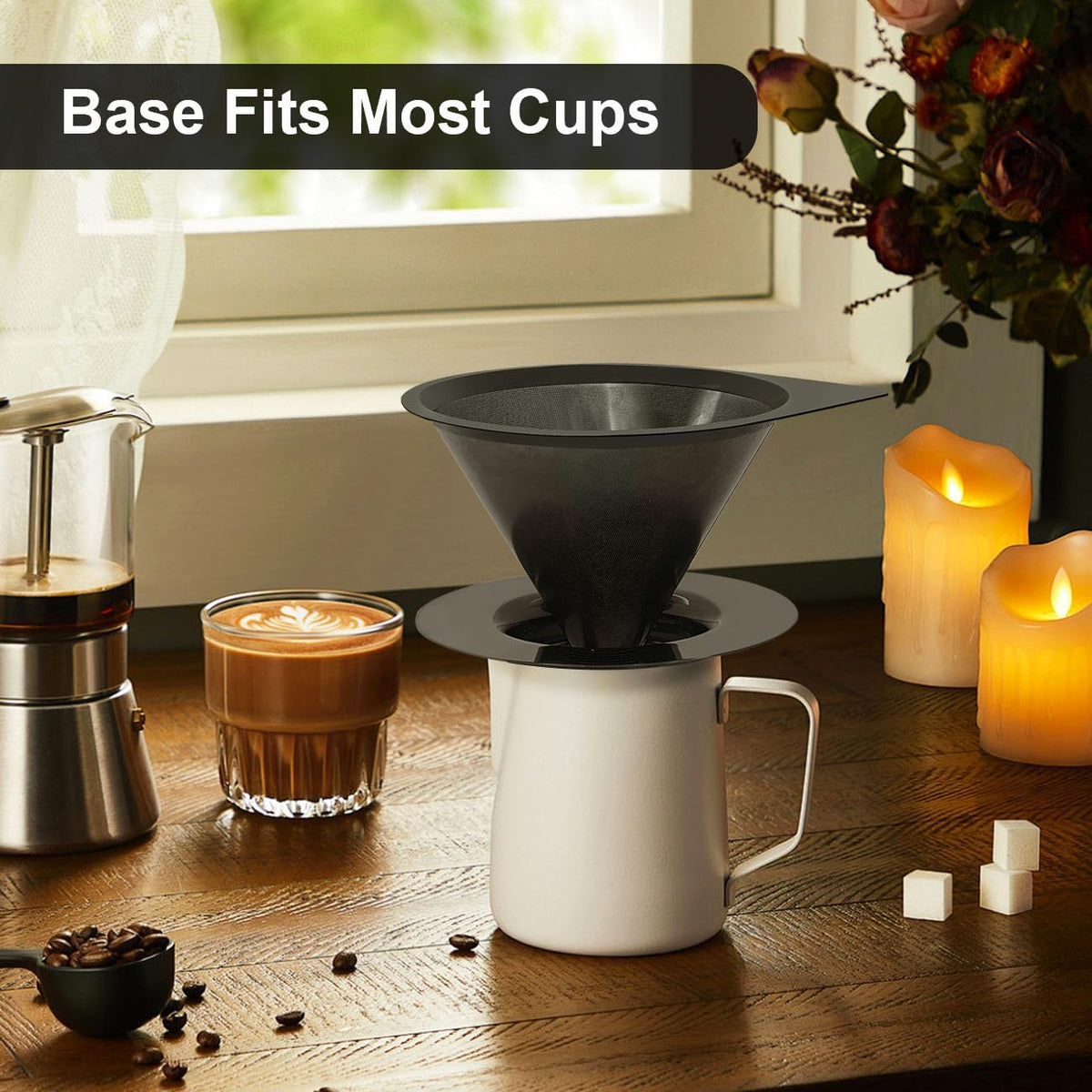 LHS Pour Over Coffee Dripper Reusable Coffee Filter Paperless Coffee Filter Stainless Steel Pour Over Coffee Maker Cone Coffee Dripper for 1-2 Cup,Black