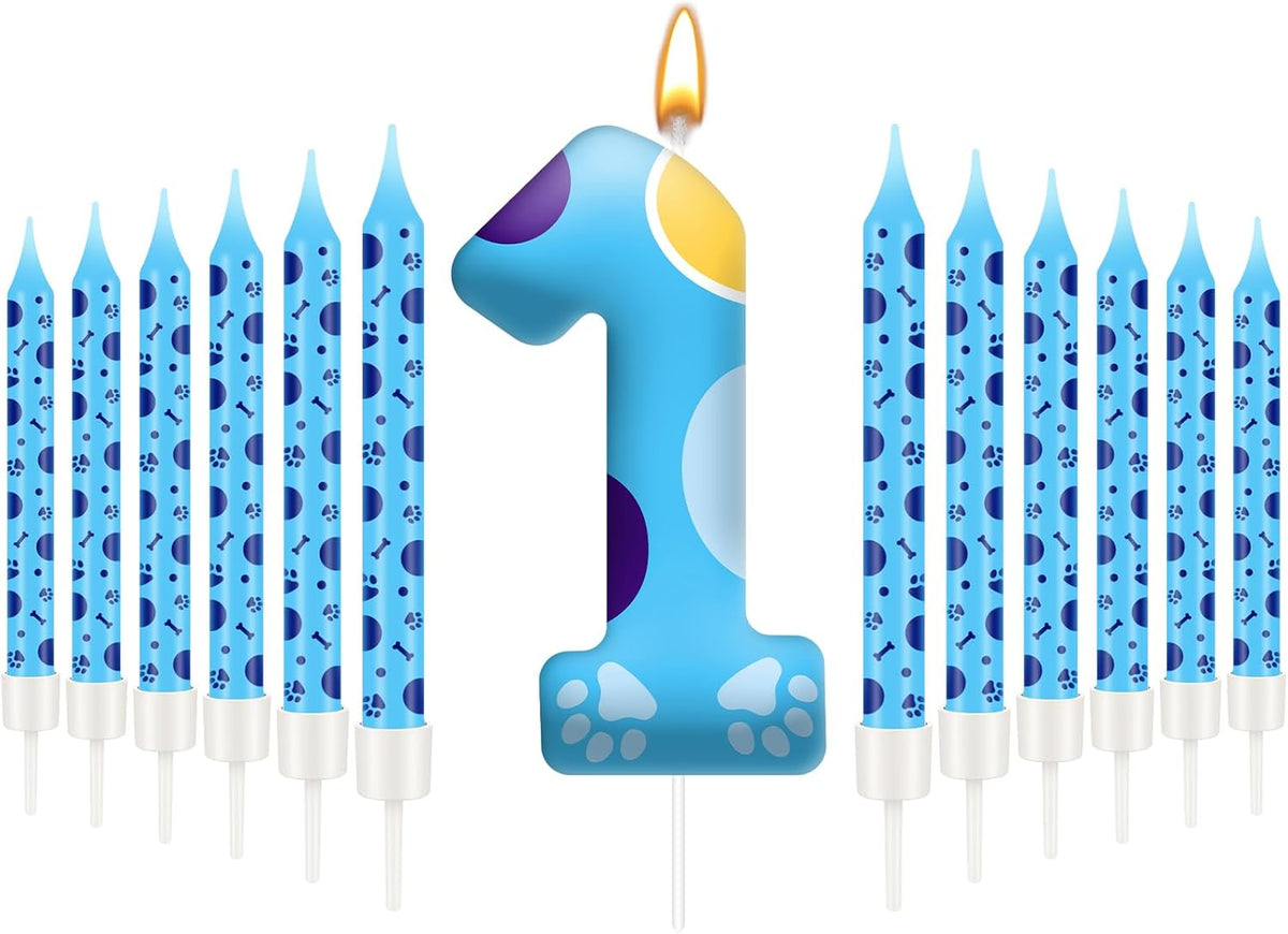 13PCS Blue Dog Paw Birthday Candles Set Cake Topper Numeral Birthday Candles for Boy Girl Dog Paw Decoration(Number 1)