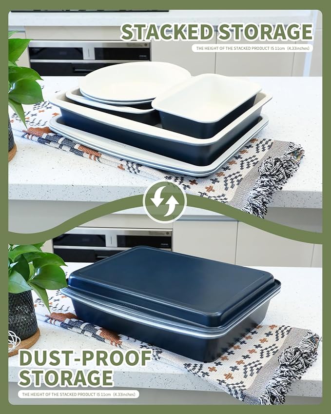 Ceramic Nonstick Baking Pans Set, Non Toxic 33 PCS Stackable Bakeware Sets, 550°F Oven Safe Baking Sheet & Pans, Warp-Free, Dishwasher Safe, PTFE/PFOA/PFOS-Free (Blue)
