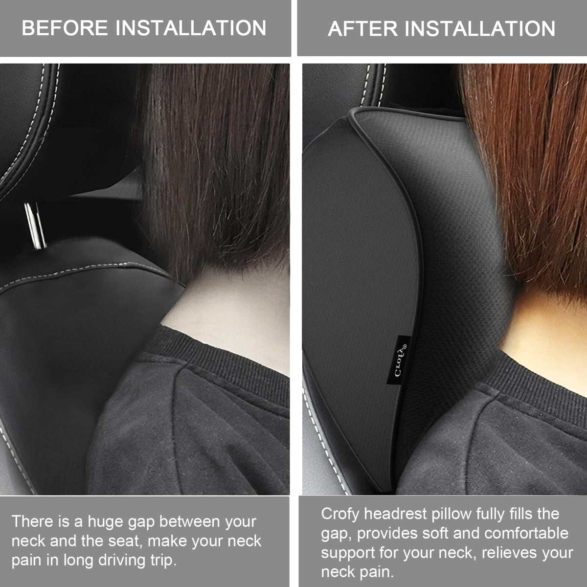 Crofy 2-Pack Car Neck Pillow, Headrest Pillow with Adjustable Strap, Black