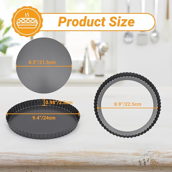 Beasea Tart Pan 9 Inch with Removable Bottom, 4pcs Nonstick Carbon Steel Round Quiche Pie Pans for Baking Tart Quiche Desserts