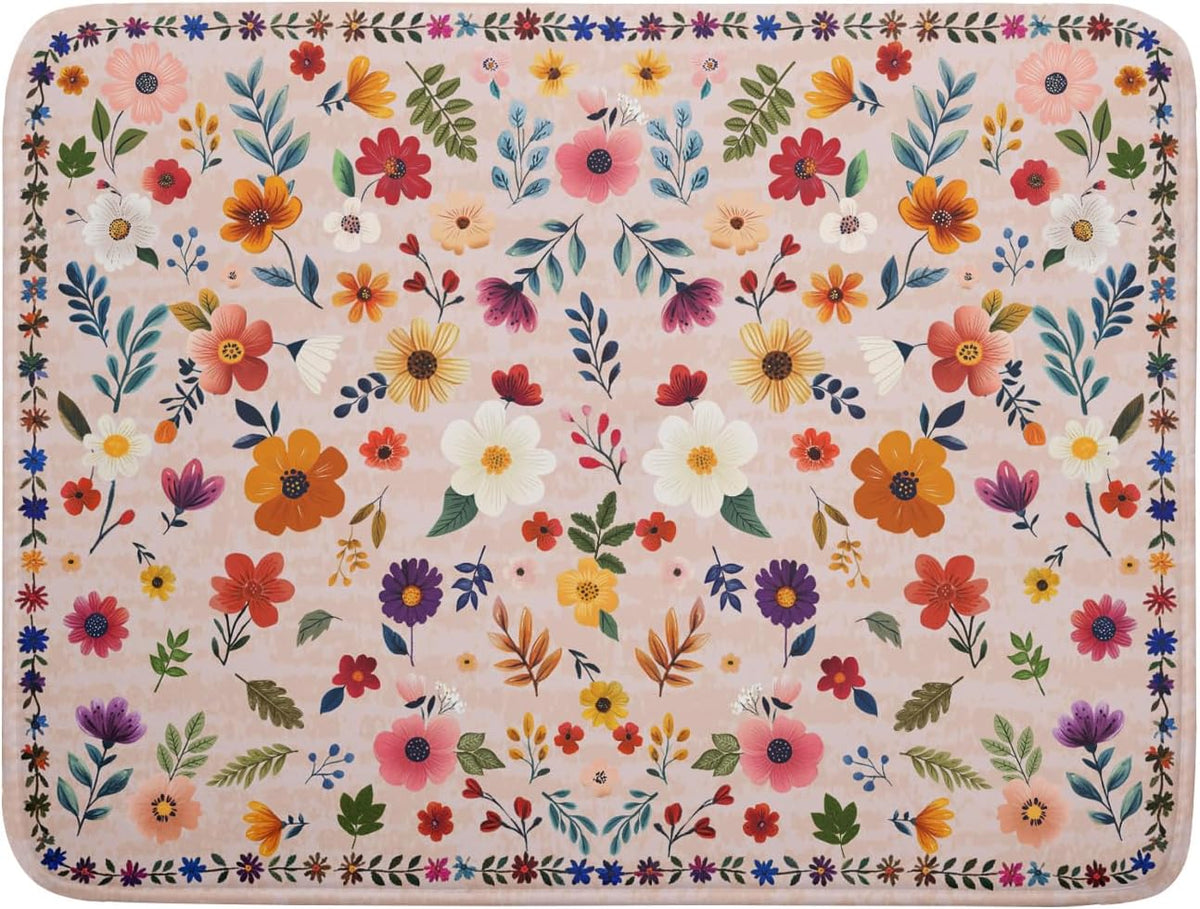 Spring Flowers Dish Drying Mat - Summer Pink Floral Washable Decorative Drying Pad for Women Home Kitchen Decor