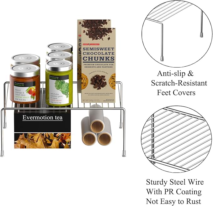 Kitchen Cabinet Shelf Organizer Set of 2, Medium (13 x 9.4 inch) Metal Wire Pantry Storage Shelves, Dish Plate Racks for Cabinets, Freezer, Counter, Cupboard Organizers and Storage, Chrome