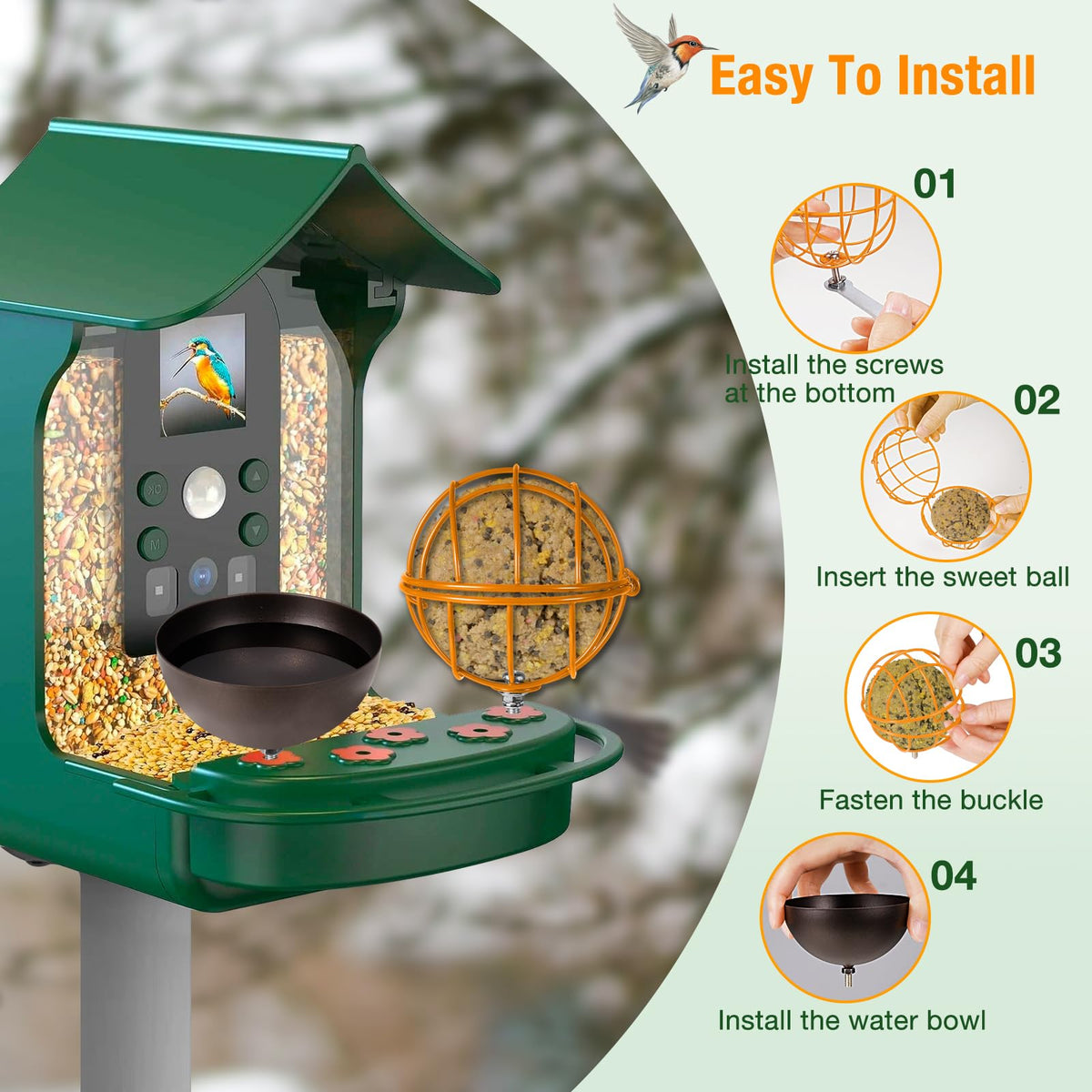 Hearthhub Metal Suet Ball Holder + Water Bowl Set for Birds - Compatible with Most Outdoor Smart Feeders - Round Suet Ball Holder for Outdoors - Bird Feeder Replacement Parts with 5mm Screw (Orange)