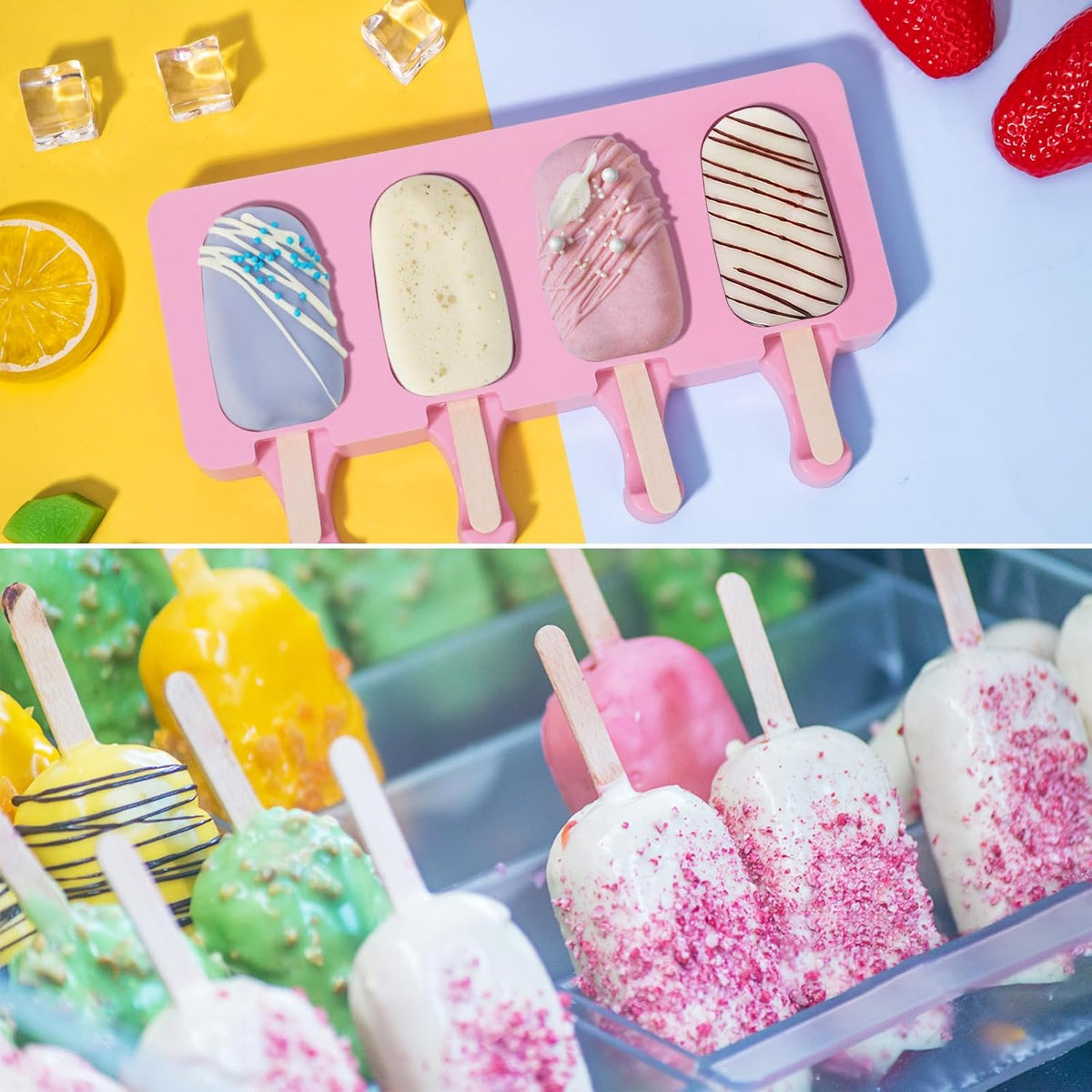 Ozera Popsicles Molds Set of 2, Silicone Cake Pop Molds Reusable Homemade Popsicle Maker Ice Pop Cakesicle Molds with 50 Wooden Sticks & 50 Popsicle Bags