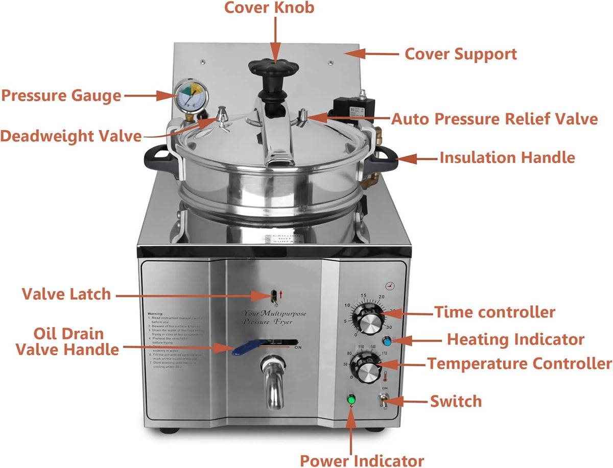 INTSUPERMAI 16L Commercial Electric Pressure Fryer Stainless Steel Countertop Pressure Fryer Electric Fried Chicken Stove Professional Tabletop Restaurant Kitchen Frying Machine 110V 2.4KW