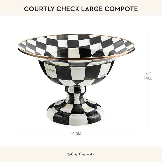 MACKENZIE-CHILDS Enamel Compote, Cute Enamel Pedestal Serving Dish or Decorative Bowl, Large, Black-and-White Courtly Check