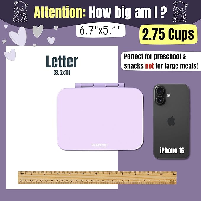 BEARFOOT Kids Lunch Box with Compartments – Compact & Lightweight | Leak-Proof, BPA-Free, Dishwasher & Microwave Safe | Hand-Drawn Design for Preschool, School, Travel (Purple, 2.75 Cups)