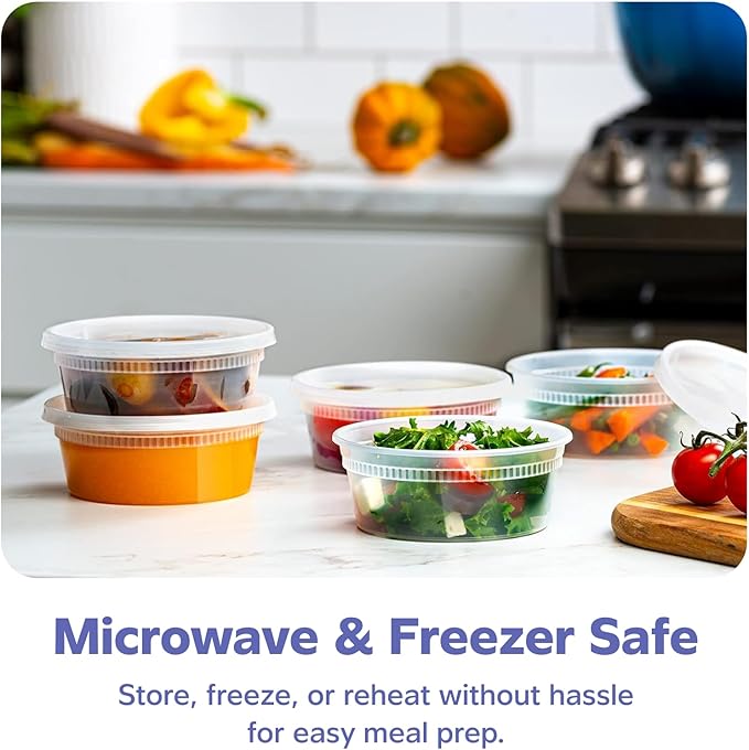 GUSTO [48 Sets - 8 oz. Plastic Deli Disposable Food Storage Containers with Airtight Lids - Slime Containers (Formerly Comfy Package)