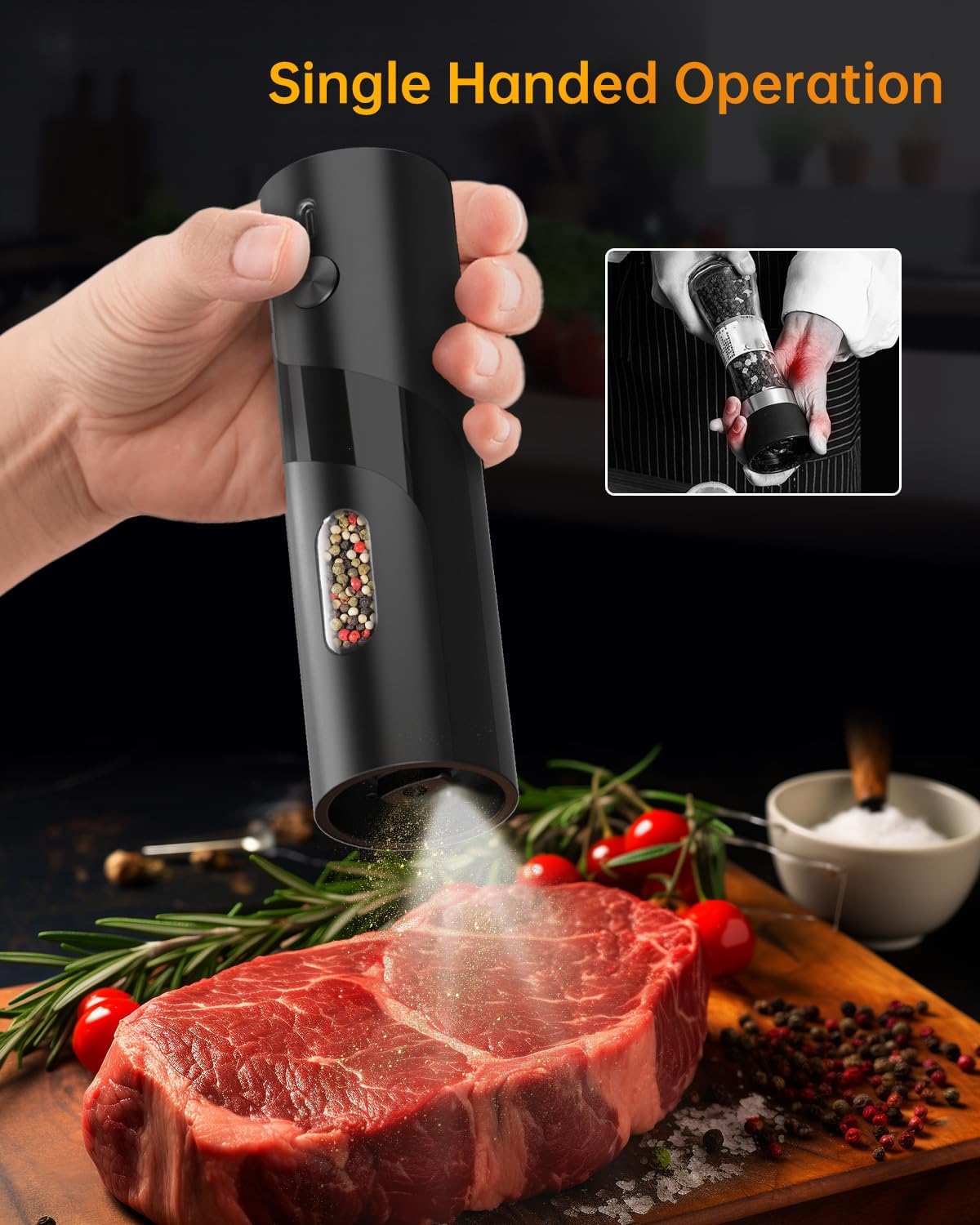 CIRCLE JOY Rechargeable Electric Salt and Pepper Grinder Set with Base, Automatic Pepper Mill Grinders with 110ml Container, Adjustable Coarseness and White LED Light, Black