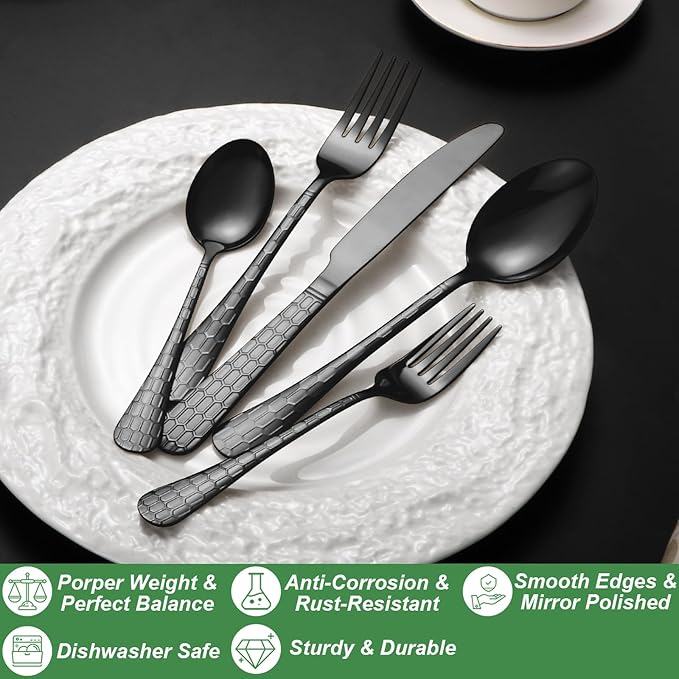 20 Pcs Black Silverware Set for 4 with Water Cube Handle design, Food Grade Stainless Steel Flatware Set, Eating Utensils Sets Include Fork/Knife/Spoon, Reusable Cutlery Set, Dishwasher Safe
