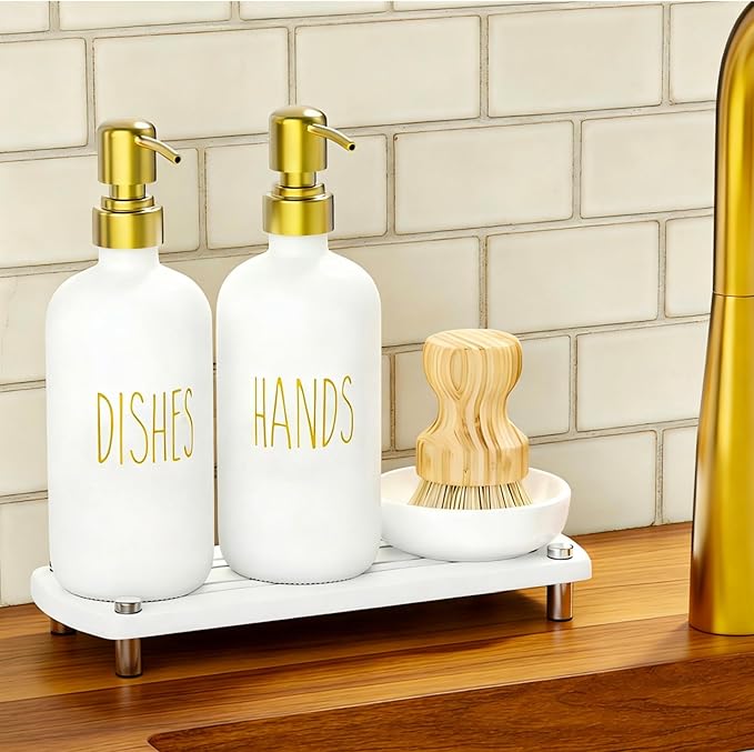Galasily Gold Soap Dispenser Set Comes with Stainless Steel Pumps, Instant Dry Tray, and Dish Scrub Brush, Kitchen Soap Dispenser Set Suitable for Kitchen Decor and Bathroom Accessories(Gold)