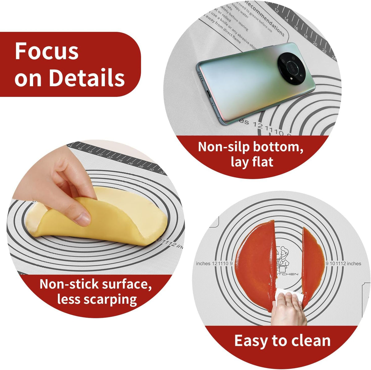 Silicone Baking Mat with Measurement, Non Stick Pastry Mat for Dough Rolling, Fondant Mat, Pie Crust Pizza, Macaron,Cookie Sheet, Reusable Baking Supplier Tools