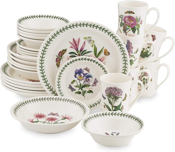 Portmeirion Botanic Garden 30-Piece Dinnerware Set - Nature-Inspired Floral Motifs - Dishwasher, Microwave, Freezer Safe Elegant Dining Plates, Bowls, Mugs - Fine Earthenware for Home Gatherings