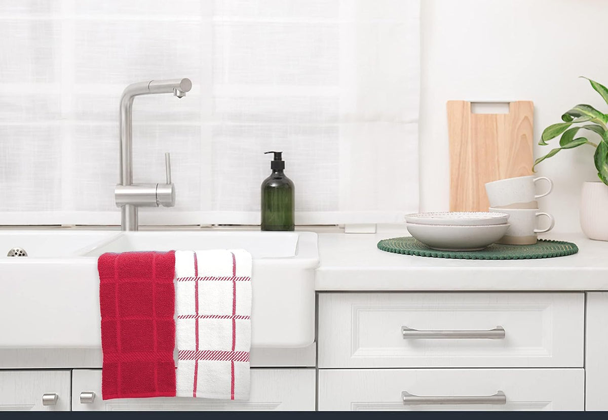 100% Cotton Terry Dish Cloth & Dish Towel (RED, Dish Towel - 4 Pack)