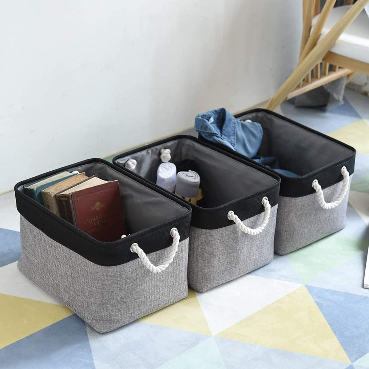TcaFmac Storage Bins for Organization - Large 3 Pack Fabric Storage Basket for Shelves with Handles, Organizer Baskets for Organizing for Closet Cloth Dog Toy Baby (Black& Grey 16x12x8 inch)