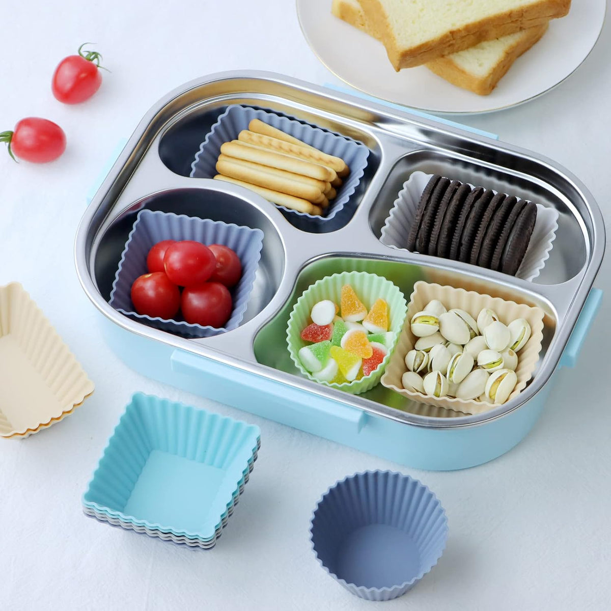 36-Pack Silicone Cupcake Liners, Reusable Muffin Cups – Round, Square & Rectangle Baking Cups, Non-Stick, Easy to Clean, Bento Box Accessories, Lunch Box Dividers for Kids(36 Liners + 20 Animal Picks)