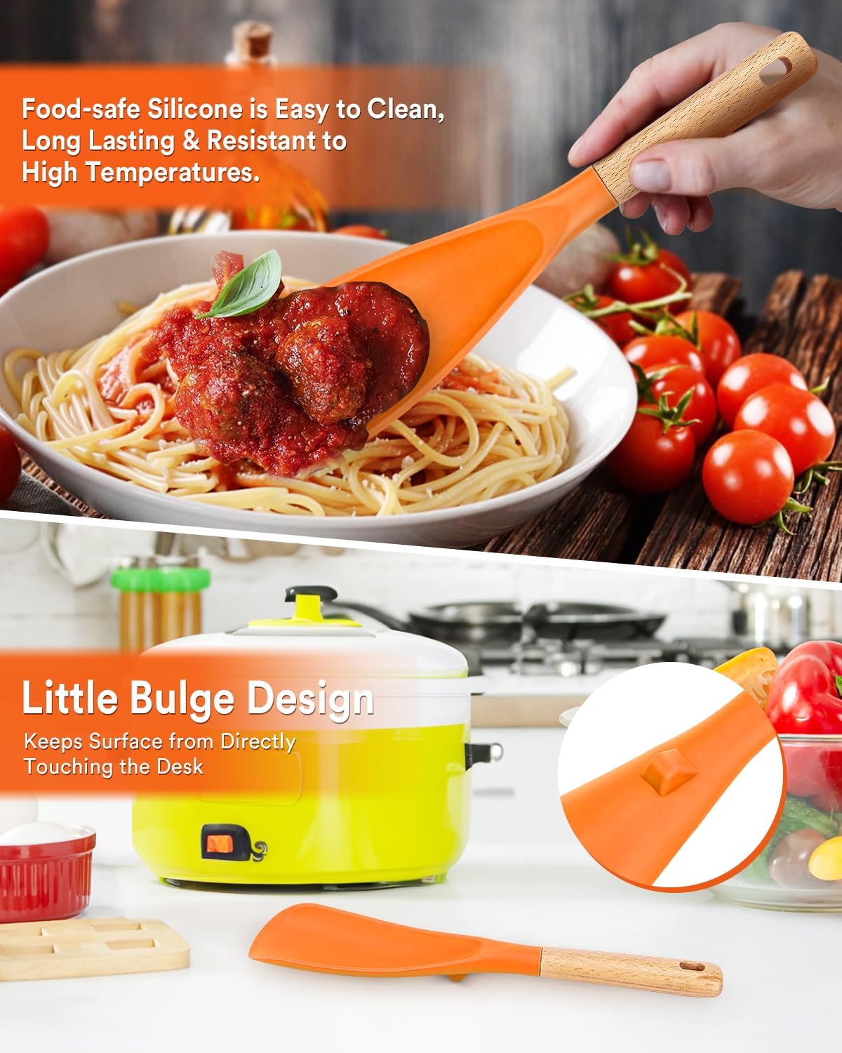 Cooking Spoon and Rice Scooper for Nonstick Cookwares, Great for Cooking and Serving Sturdy BPA-Free Matte Silicone, Wood Handle Spoon for Mixing, Scoop, and Scrape (ORANGE)