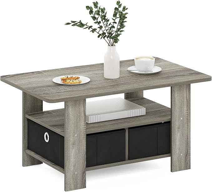 Furinno Andrey Coffee Table with Bin Drawer, French Oak Grey/Black