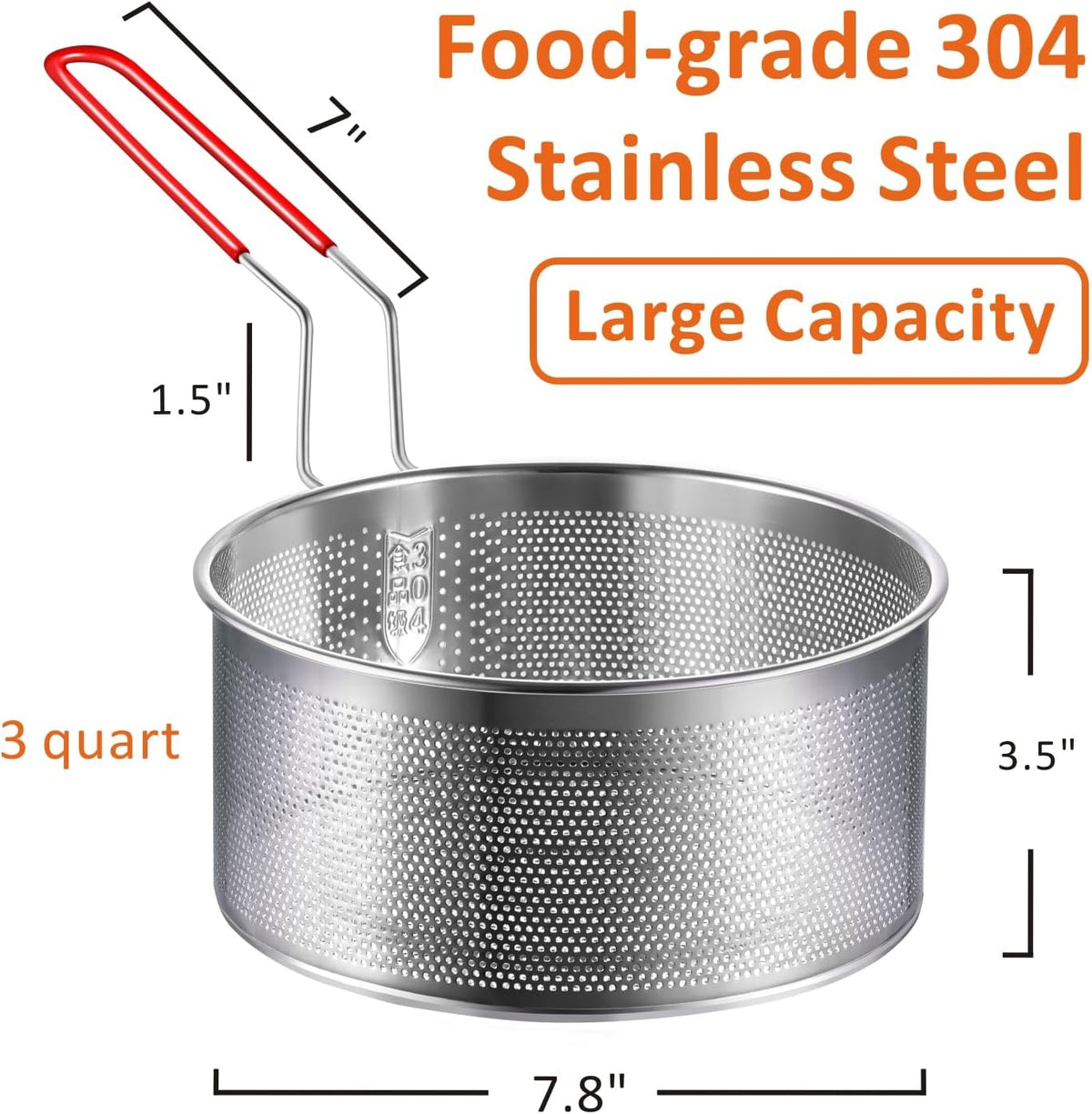Deep Fryer Basket, 7.8''x4'' Fry Only, Round Stainless Steel Frying Baskets with Heat Resistant Silicone Handle, for Kitchen Cooking Strainer Colander, Serving Food, Ideal for Gift, 3-Quart