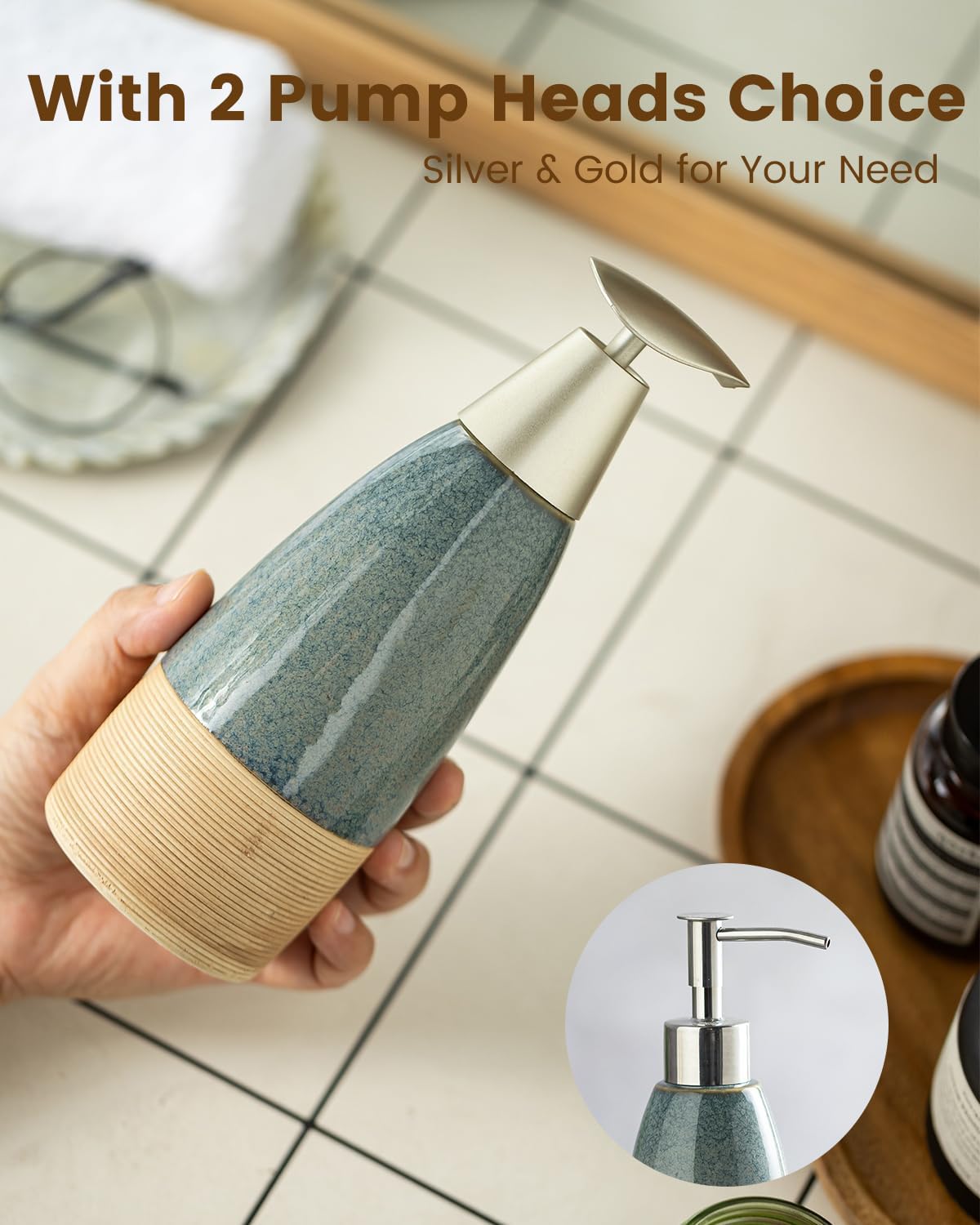 12 oz Dish Soap Dispenser with 2 Pumps, Ceramic Hand Soap Bottle for Shampoo, Body Wash, Lotion, Liquid Dispenser for Kitchen Countertop with Silicone Funnel, Blue