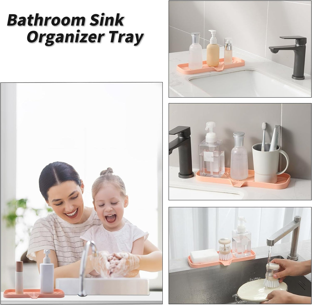 Silicone Bathroom Soap Dishes with Drain Spout-Bathroom and Kitchen Sink Organizer,Sponge Holder,Dish Soap Tray,Perfect for Dispenser,Scrubber,Bottle,Cup on Sink or Counter-Pink 12"×4"