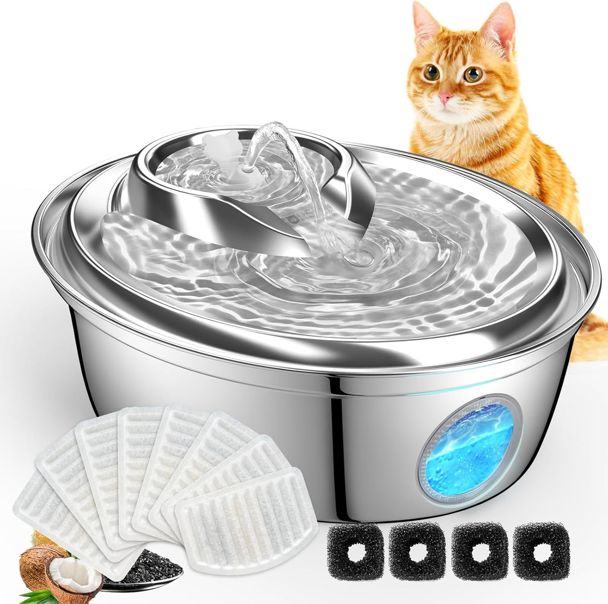 ORSDA Cat Water Fountain Stainless Steel 67oz/2L, Automatic Pet Drinking Fountain with Water Level Window, Dog Water Bowl for Cats and Small Dogs- 12Pcs Filters (D36)