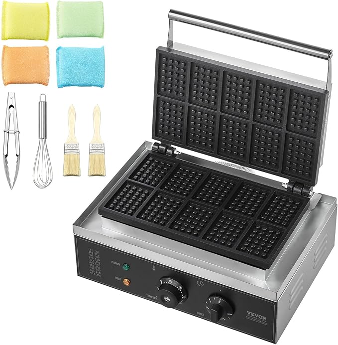 VEVOR Commercial Waffle Maker, 10PCS Rectangle Waffle Baker Machine, 1550W Non-Stick Stainless Steel Belgian Waffle Iron with Temp and Time Control, Handle, for Restaurant Bakery Snack Bar Family