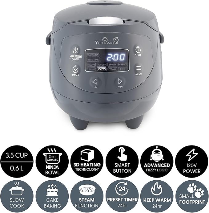 Yum Asia Panda Mini Rice Cooker With Ninja Ceramic Bowl and Advanced Fuzzy Logic (3.5 cup, 0.63 litre) 4 Rice Cooking Functions, 4 Multicooker functions, Digital LED display - 120V