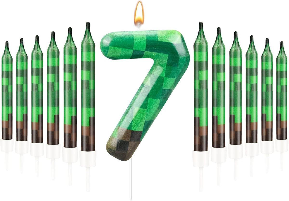 13 Pcs Dynamite Themed Birthday Cake Candles & Number 7 Candle Topper for Pixel Theme Birthday Party