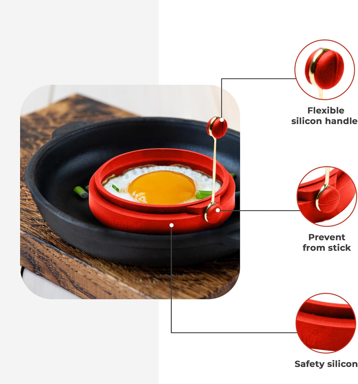Professional 4 Inch Silicone Egg Ring, Pancake Mold Egg Mold for Breakfast Sandwiches, Omelets and More, Nonstick Ring, Round Blue (Pack of 4), Free e-Book by Abam (Red)