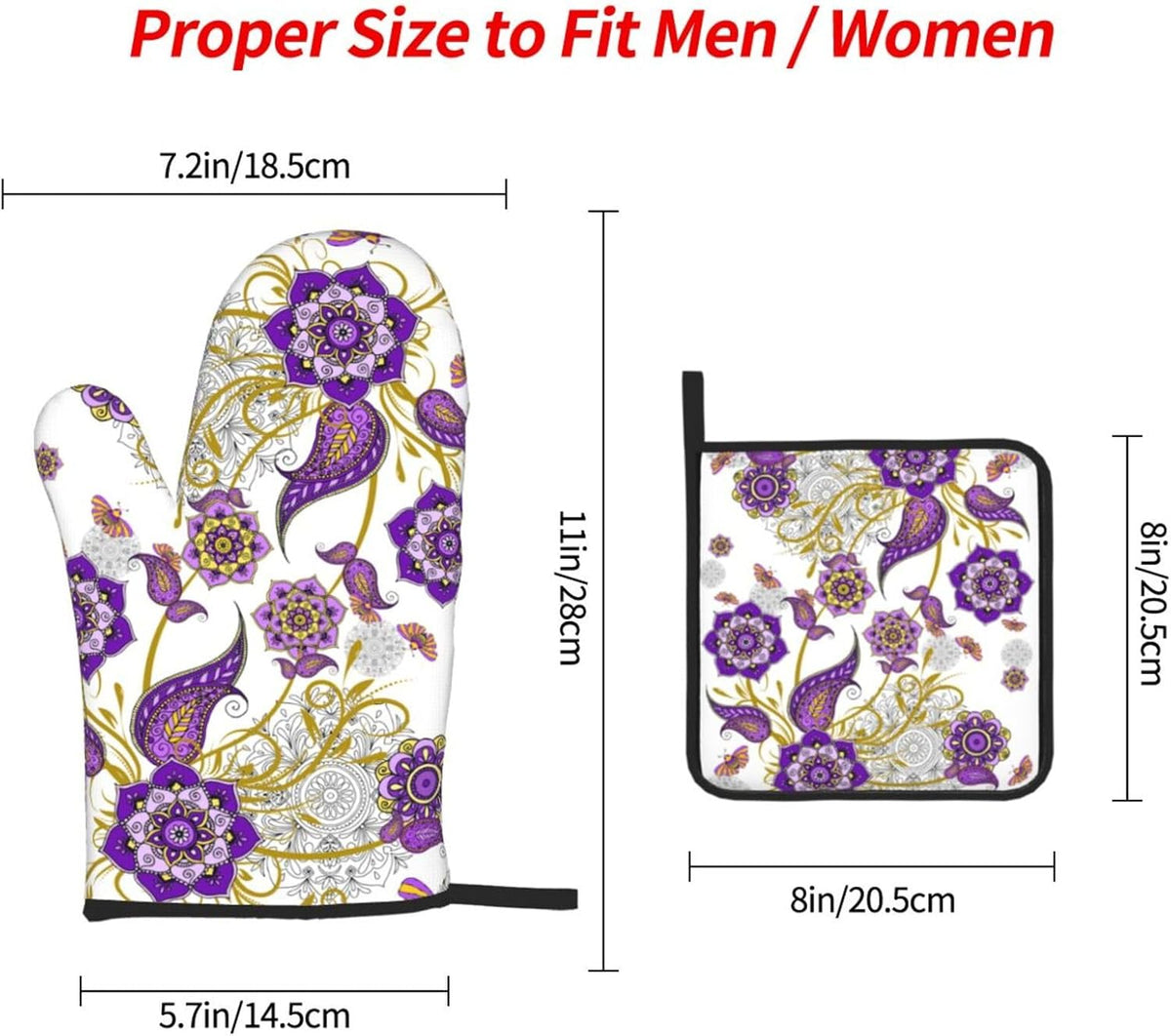 Purple Flower Oven Mitts and Pot Holders Sets of 3 Kitchen Decor Heat Resistant Hot Pads Boho Floral Oven Gloves for Cooking Grilling Baking