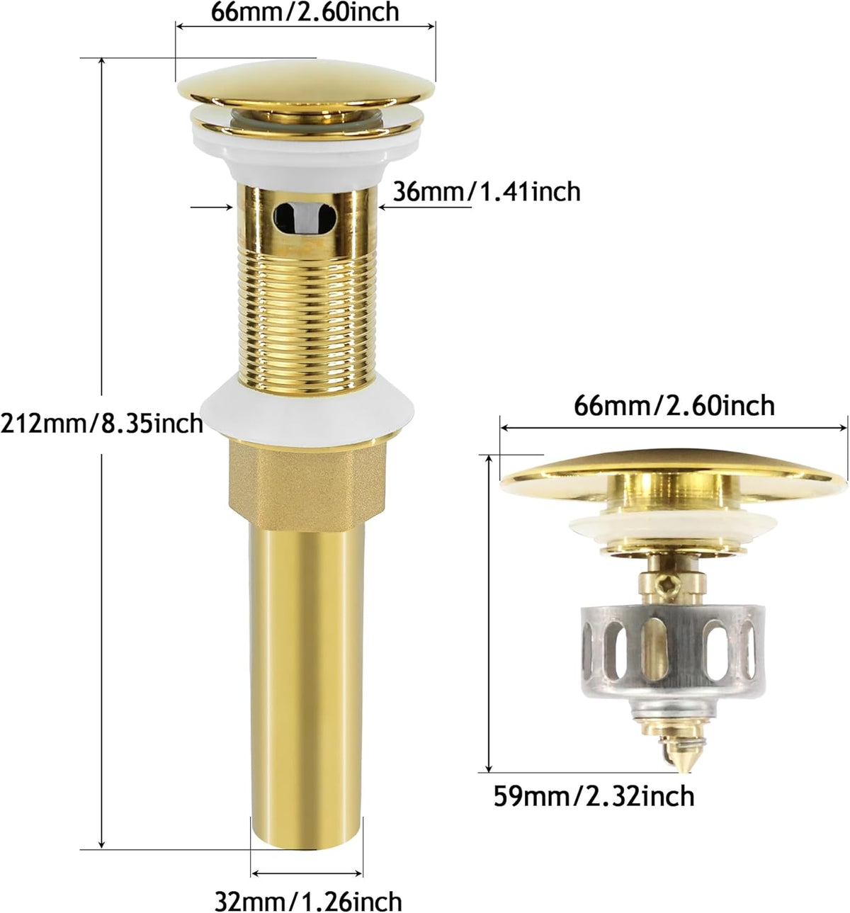 Bathroom Sink Drain, 2 Pack Gold Drain Stopper with Overflow,Pop Up Drain Assembly with Detachable Strainer Basket,Built-in Anti-Clogging Strainer,Stainless Steel