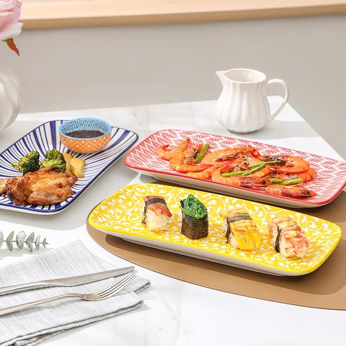 Selamica Ceramic Rectangular Serving Platters Set of 4, 12 Inch Serving Trays/Dishes for Party Entertaining, Rectangular Dinner Plates for Appetizer Salad Dessert Sushi, Assorted Colors