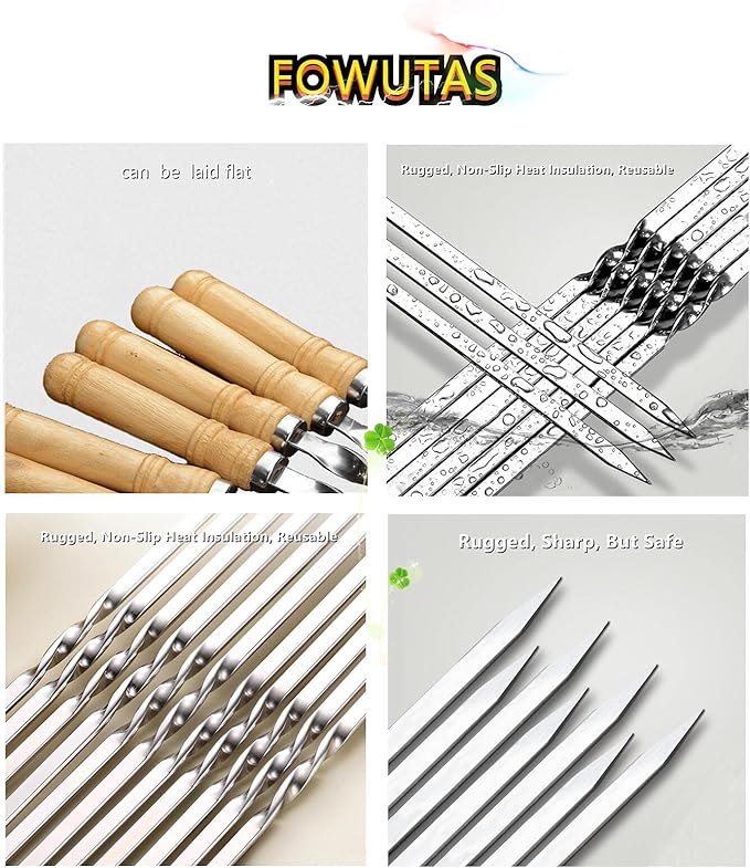 23.6" Large Size Kabob Skewers Flat Metal BBQ Barbecue Skewer Wooden Handle Stainless Steel Shish Kabob Stick Wide Reusable Grilling Set Meat Shrimp Chicken Vegetable Kebab Fork Sausage-12PCS