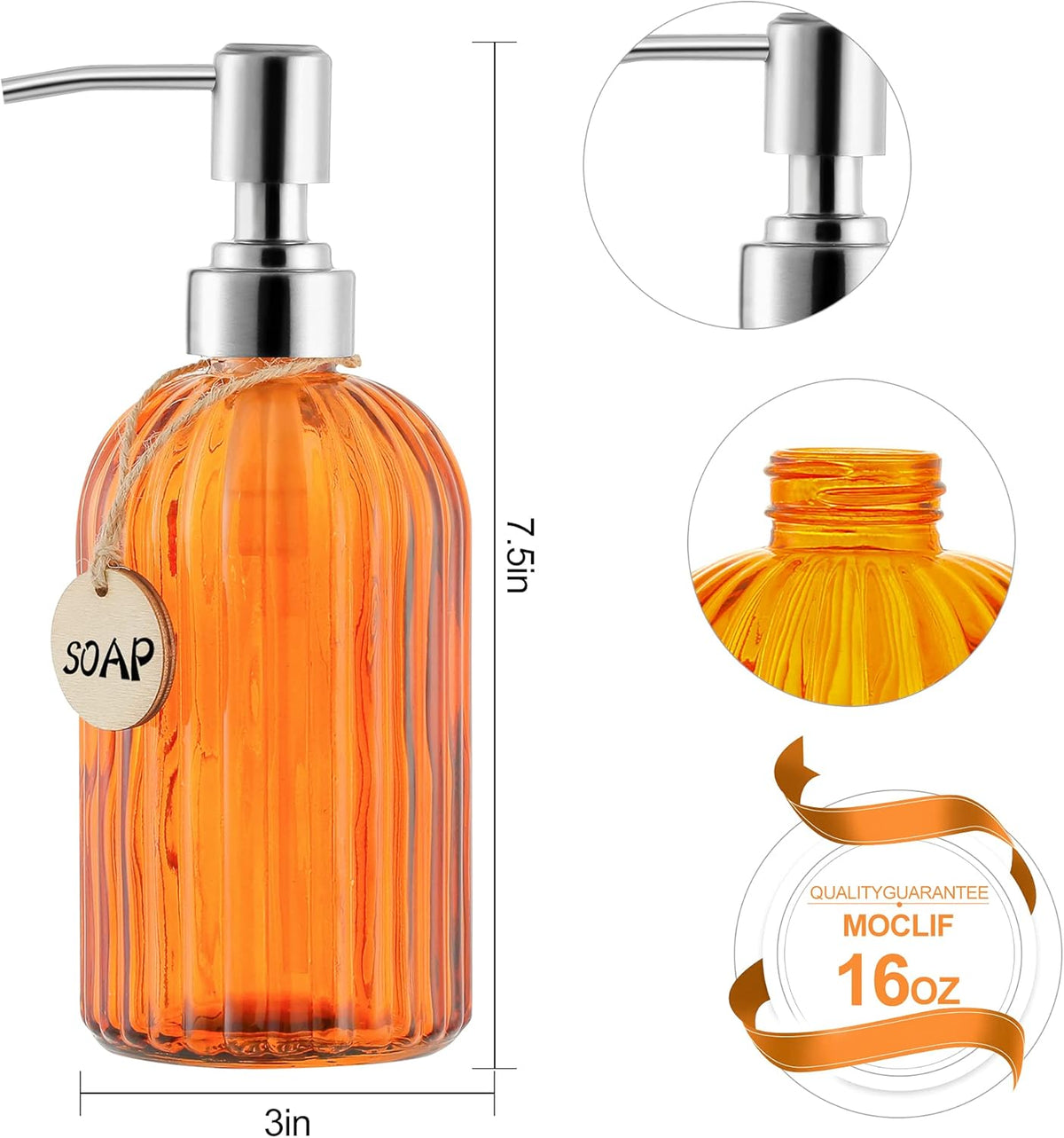 16 OZ Soap Dispenser，Tempered Glass Clear Vertical Stripe with 304 Rust Proof Stainless Steel Pump Refillable Liquid Hand Soap Dispenser，for Bathroom, Kitchen, Dish Soap，Lotion (Orange)