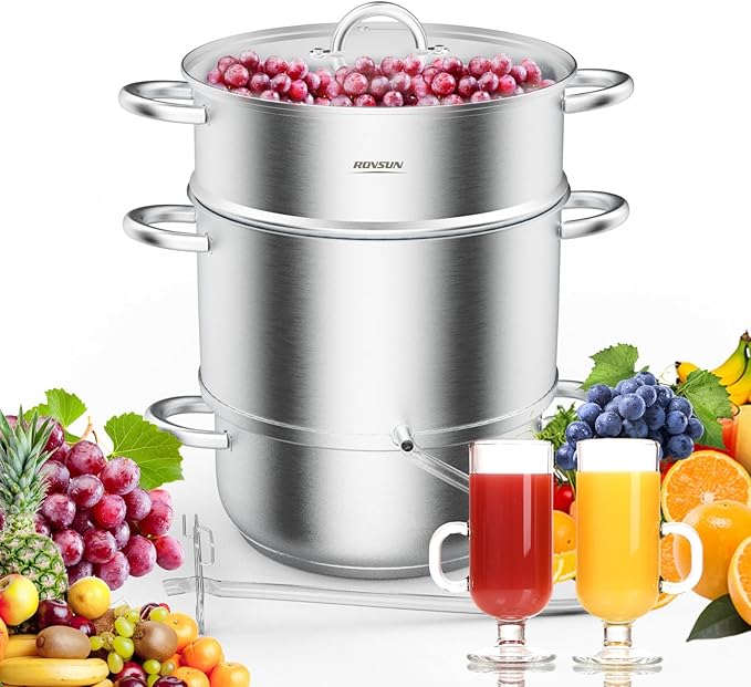 ROVSUN 8.5 Quart Juice Steamer Stainless Steel, Extractor Fruit Vegetables Juicer Steamer Pot, w/Tempered Glass Lid Clamp, Loop Handles, Ideal for Making Juice, Jelly, Pasta