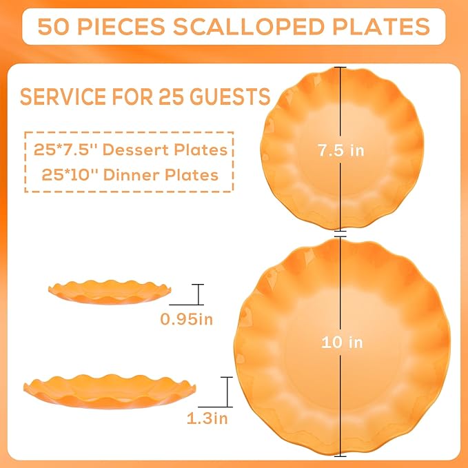 LIYH 50 Pcs Heavy Duty Thanksgiving Plates Orange Scalloped Plastic Plates Reusable Unbreakable Halloween Plastic Plate for Thanksgiving & Halloween Day, Dishwasher Safe BPA Free (25Guests)