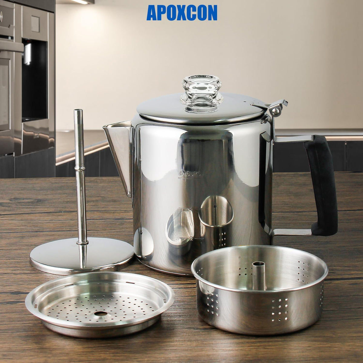 Multi Use Percolator Coffee Pot Stainless Steel Stove Top Coffee Maker with Two Tough Borosilicate Glass Knob Silica Handle Camping Coffee Pot Using on Campfire Stove & Induction Cooker Silver 6 Cup