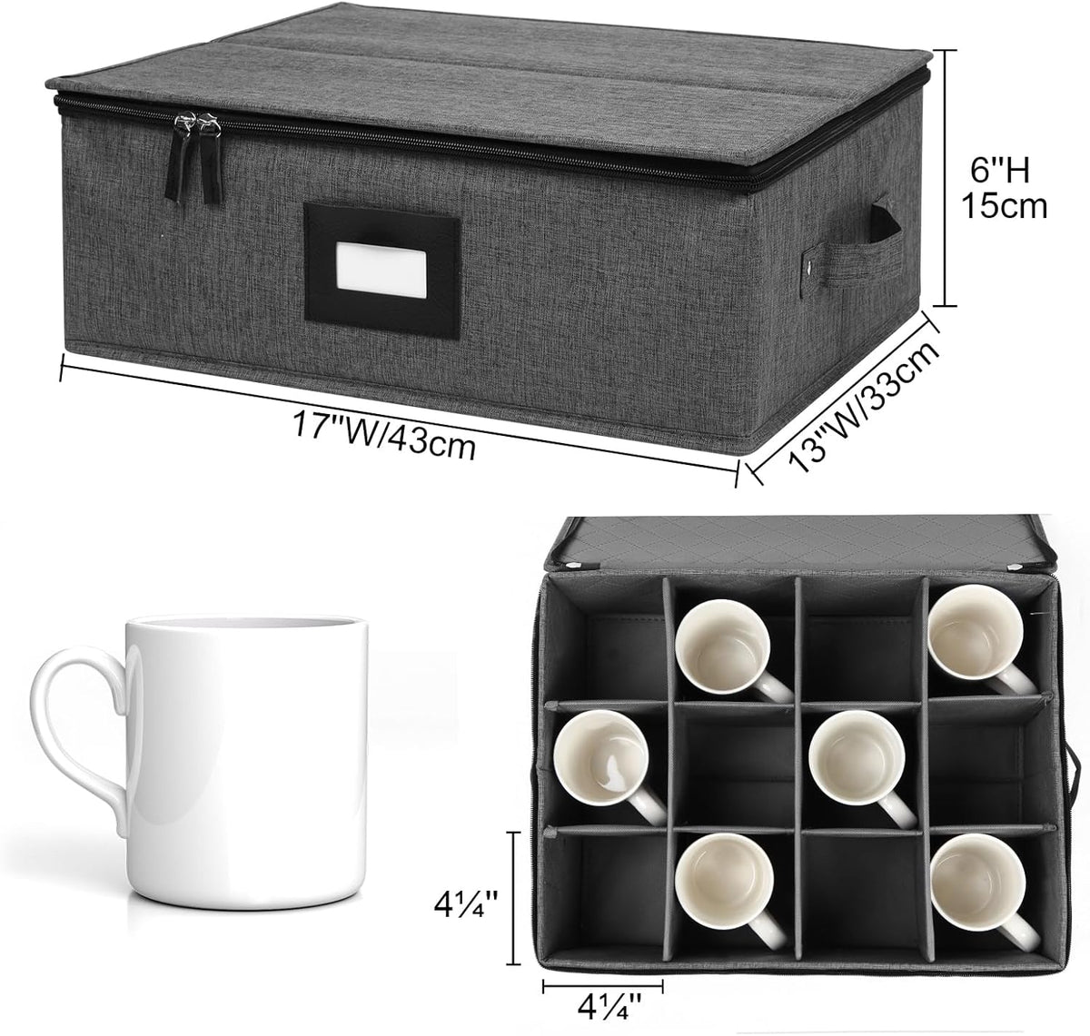 Mug Storage Box with Dividers, China Storage Containers for Tea Cups and Coffee Mugs with Zipper Lid and Rivet Reinforced Handles, Hard Shell and Stackable (Black)