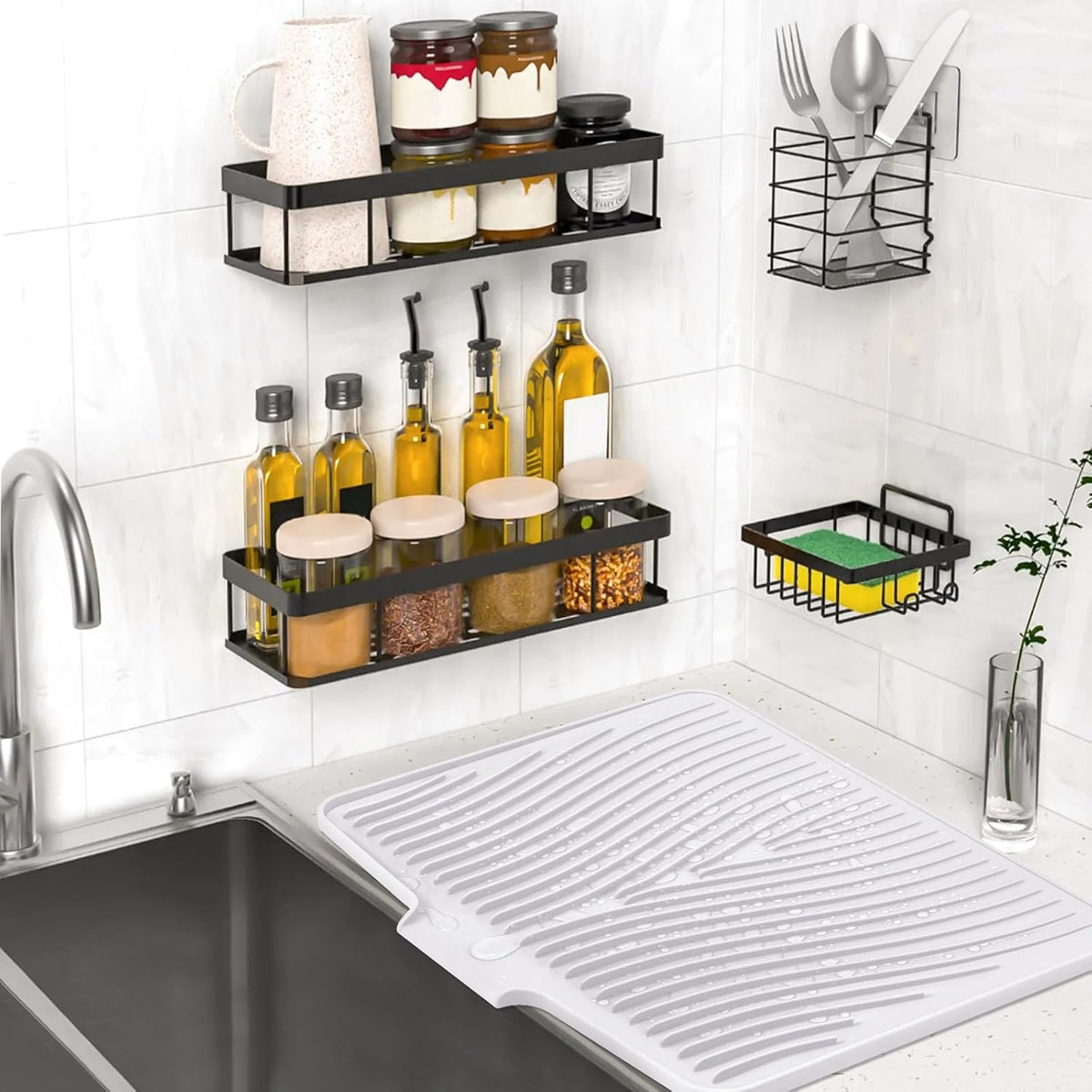 Silicone Dish Drying Mat, Stone Drying Mat for Kitchen Counter with Built-In Drain, Non-Slip Drying Matt Kitchen Counter, Heat Resistant Dish Drying Pad, 1 Pc (19.7" x 17",Ivory)