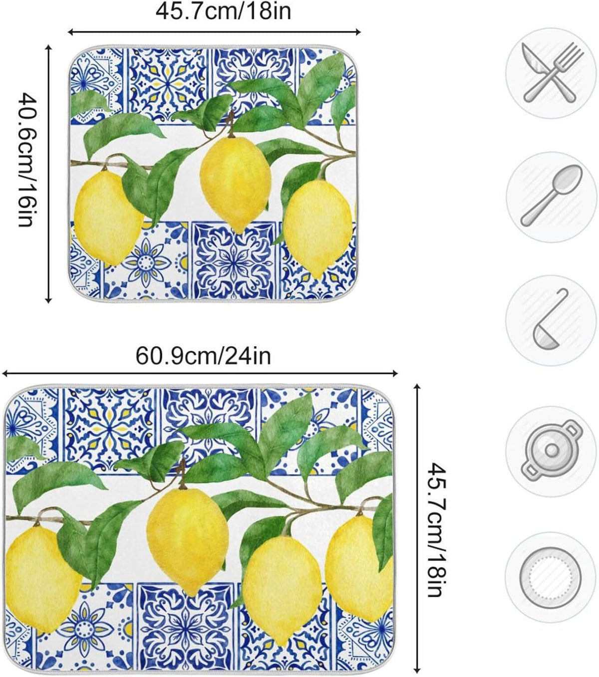 Lemon Blue Tiles Dish Drying Mat for Kitchen Counter Absorbent Microfiber Drying Pad, Medium 16x18 in, Reversible Drainer Mats